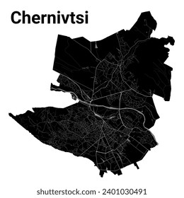 Mapa de la ciudad de Chernivtsi, Ucrania. Fronteras administrativas municipales, mapa de zonas negras y blancas con ríos y carreteras, parques y ferrocarriles. Ilustración vectorial.