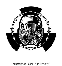 Chernobyl Exclusion Zone. Gas mask in center of radiation sign and round barbed wire
