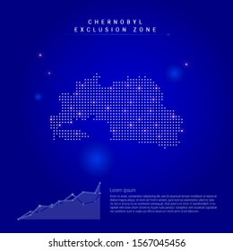 Chernobyl Exclusion Zone illuminated map with glowing dots. Infographics elements. Dark blue space background. Vector illustration. Growing chart, lorem ipsum text.