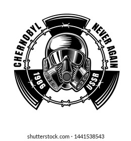 Chernobyl. Gas mask in center of radiation symbol and round barbed wire