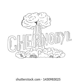 Chernobyl hand drawn lettering. Cloud of a nuclear explosion in the background. Vector illustration.