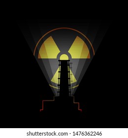 Chernobyl nuclear atom electric station. Black chernobyl reactor on a black background. Bright sign of biological pollution. Vector stock illustration.