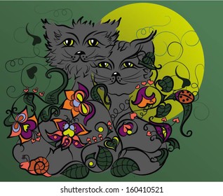 Chernyye silhouettes of cats in a moonlight night. Vector illustration with exotic plants.