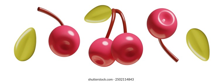 Conjunto de Elementos de Vector 3d Cherries. Bayas brillantes realistas tridimensionales con hojas aisladas sobre fondo blanco.