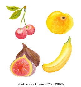 Cherries, apricot, figs and banana. Hand drawn in watercolor technique