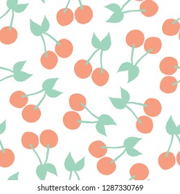 Cherries background. Vector seamless pattern with illustrated cherry fruits isolated on white. Food illustration. For card, menu cover, web pages, page fill, packaging, farmers market, summer fabric