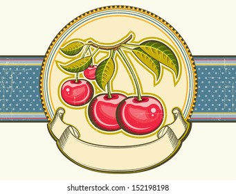 Cherries background.Vector vintage label on old paper
