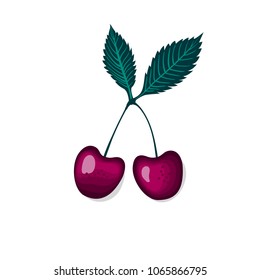 Cherries berries group with a leaf. Vector illustration isolated on white background.