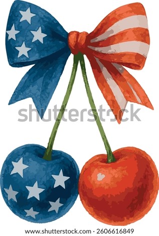 Cherries with bow, coquette style, American flag, watercolor patriotic illustration isolated on white