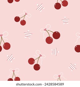 cherries with bow and mini heart seamless pattern and striped stars on pink background , vector illustration