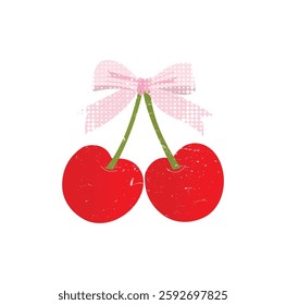  Cherries with bow. Red and white pink dot cherry icon. 