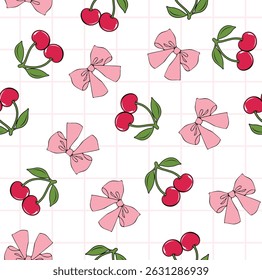 Cherries and bows aop pattern on pink grid