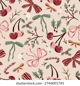 Cherries and Bows Holiday Vector Seamless Pattern