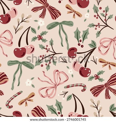 Cherries and Bows Holiday Vector Seamless Pattern