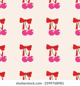 Cherries and bows seamless pattern. Cherry with ribbons. Cute trendy design. Valentine's Day, romantic background. Vector illustration for posters, cards, logo, printing