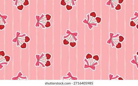 Cerezas con arcos sin patrón. Frutas en forma de corazón sobre fondo con líneas desiguales de Vertical. Estampado femenino romántico en colores rosa y rojo. Vector Fondo de pantalla sin fin para el día de San Valentín.