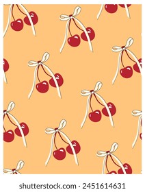 Cherries and bows. Summer seamless pattern. Seamless fruity and cute pattern. Cherries with bows on a yellow background. Modern poster, textile. Vector pattern with cherries and bows in retro style