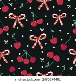 Cherries with candy cane Christmas design background. Seamless fabric design