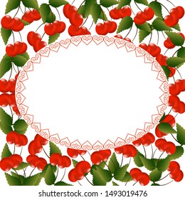 Cherries in a card with a curly frame.Greeting card with curly frame and cherries.