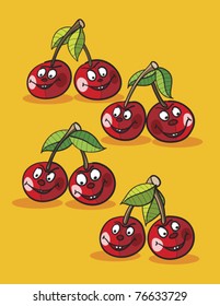 cherries cartoon over yellow background, abstract vector art illustration