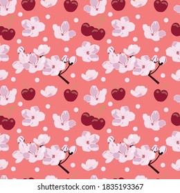 Cherries and Cherry blossom seamless pattern