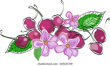 Cherries, cherry blossoms and leaves pattern