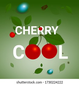 Cherries. Cherry fruit. Cherries with leaf closeup isolated on green background. Cherry vector for packaging design. Cherry cool.