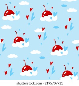 Cerezas con nubes y corazones rojos con un fondo azul. Patrón vectorial sin cable. Temas de amor.