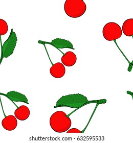 Cherries. Colored hand drawn sketch. Seamless pattern. Vector illustration