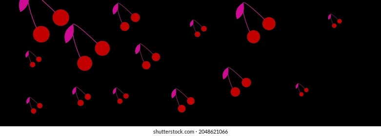 Cherries Colorful Black Pink Tasty Dessert Cute Background. Print Vitamin Repeat Dark Red Pattern Illustration Summer Illustration. Bright Design Berries Fruit Sweet Retro Vintage Textile Ornament.