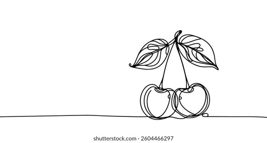Cherries in continuous line style. Simple Natural summer juicy garden Berry. Abstract outline simple fruit isolated on white. Fresh Healthy food, vitamin, dessert 