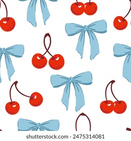 Cherries and coquette ribbon bow seamless pattern. Sweet red cherry pastel blue bow. Aesthetic wallpaper in trendy retro vintage style. Cute hand drawing cartoon vector illustration isolated on white