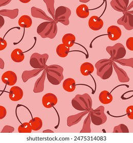 Cherries and coquette ribbon bow seamless pattern. Sweet red cherry, pastel red bow. Aesthetic wallpaper in trendy retro vintage style. Cute hand drawing cartoon vector illustration isolated on pink