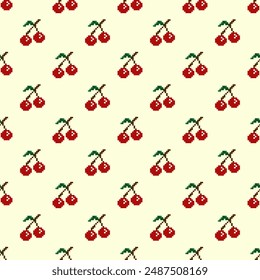 Cherries Cross Stitch Embroidery Style Vector Seamless Pattern on Cream Background. Cherry Red Cute Fruit design for wallpaper, handcraft, needle craft, decoration, fabric, wrap paper, flannel, adore