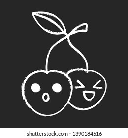Cherries cute kawaii chalk character. Happy and astonished berries with smiling faces. Laughing and frowned food. Funny emoji, emoticon, smile. Vector isolated chalkboard illustration