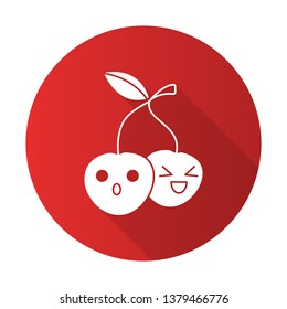 Cherries cute kawaii flat design long shadow glyph character. Happy and astonished berries with smiling faces. Laughing and frowned food. Funny emoji, emoticon. Vector isolated silhouette illustration