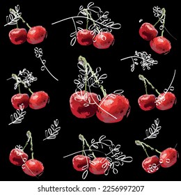 Cherries with cuttings on a black background in a picturesque manner for your collections