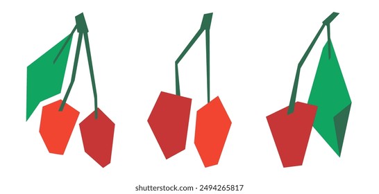 Cherries from different angles. Illustrations for healthy food products. Vitamins, dessert. Summer fruits. Simplify