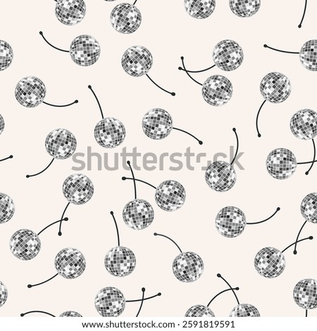 Cherries disco balls seamless pattern. Silver cherries background