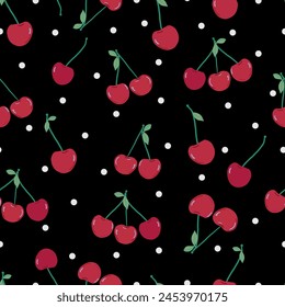 Cherries with dots black background. Seamless fabric design