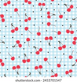 Cherries and dots with plaid pattern seamless fabric design pattern