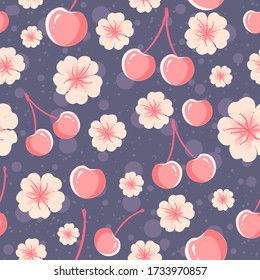 Cherries and flowers, seamless pattern. Floral repetitive background with pink elements for spring season.