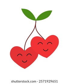 Cherries in form hearts, leaves with funny faces. Valentine day element. Vector flat illustration.