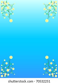 Cherries frame with drops of dew and ladybirds on a blue background
