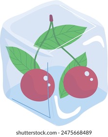 Cerezas congeladas dentro del cubo de hielo, hojas de subgrupos de cereza visibles, concepto de verano. Refrescante ilustración de la fruta, las hojas verdes de cerezas rojas atrapado hielo, enfriándose. Vector gráfico de hielo, fruta estilizada