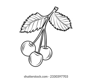 Cherries. Fruit. Contour drawing. Coloring book for children. Icon. White background.  Concept for design, teaching, printing, for web design. Also used for stickers, templates, stencils.