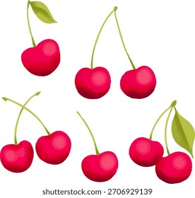 Ilustración vectorial de frutas de cerezas. Perfecto para embalajes o productos. Ramos de cerezas rojas con subgrupos.