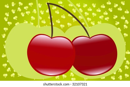 Cherries in green background.