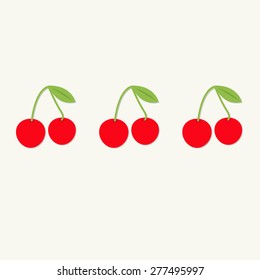 Cherries with green leaf in a row. Tasty food card. White background  Vector illustration.
