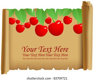 Cherries with green leaves against a scroll brown parchment